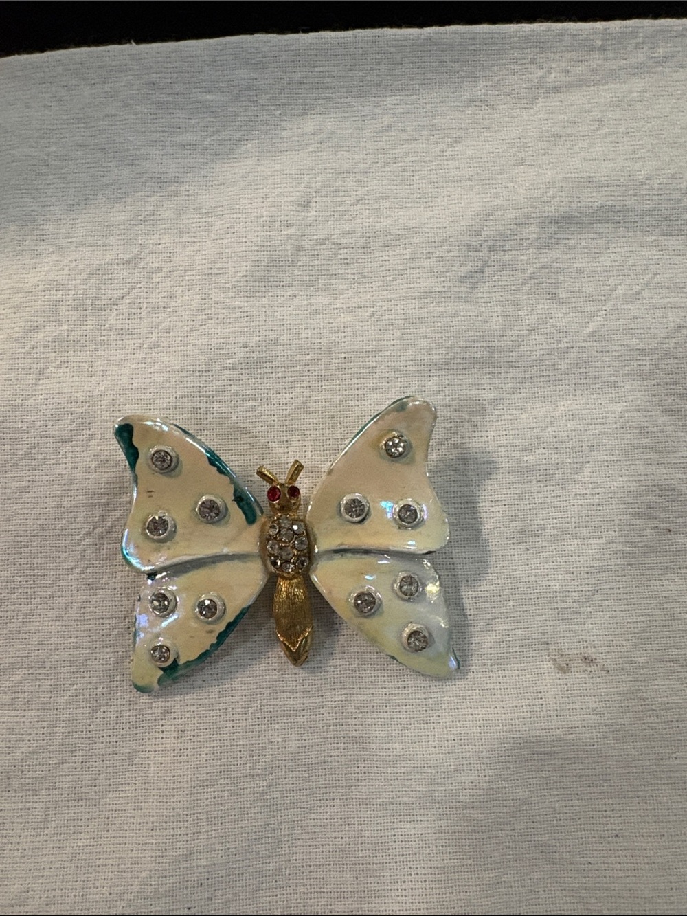 Hand-Painted White Enamel Butterfly Brooch with Rhinestone Accents